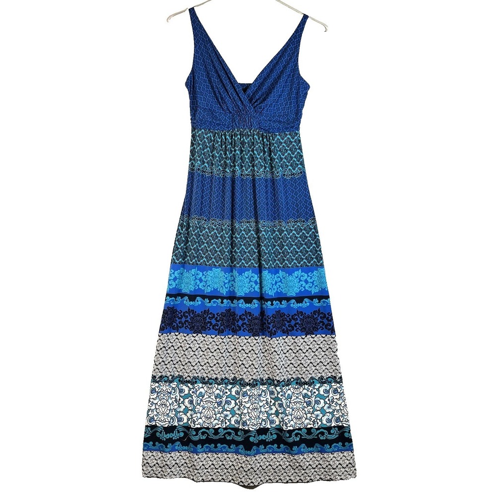 Soma Womens Sleeveless Maxi Dress Blue Multicolor Border Print Stretch Jersey XS